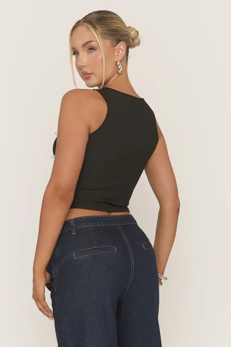 Black Rib Crystal Embellished Tank Top - Anastacia - Image 4