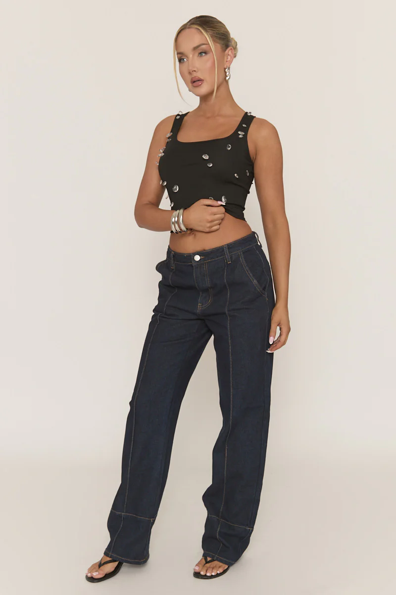 Black Rib Crystal Embellished Tank Top - Anastacia - Image 5