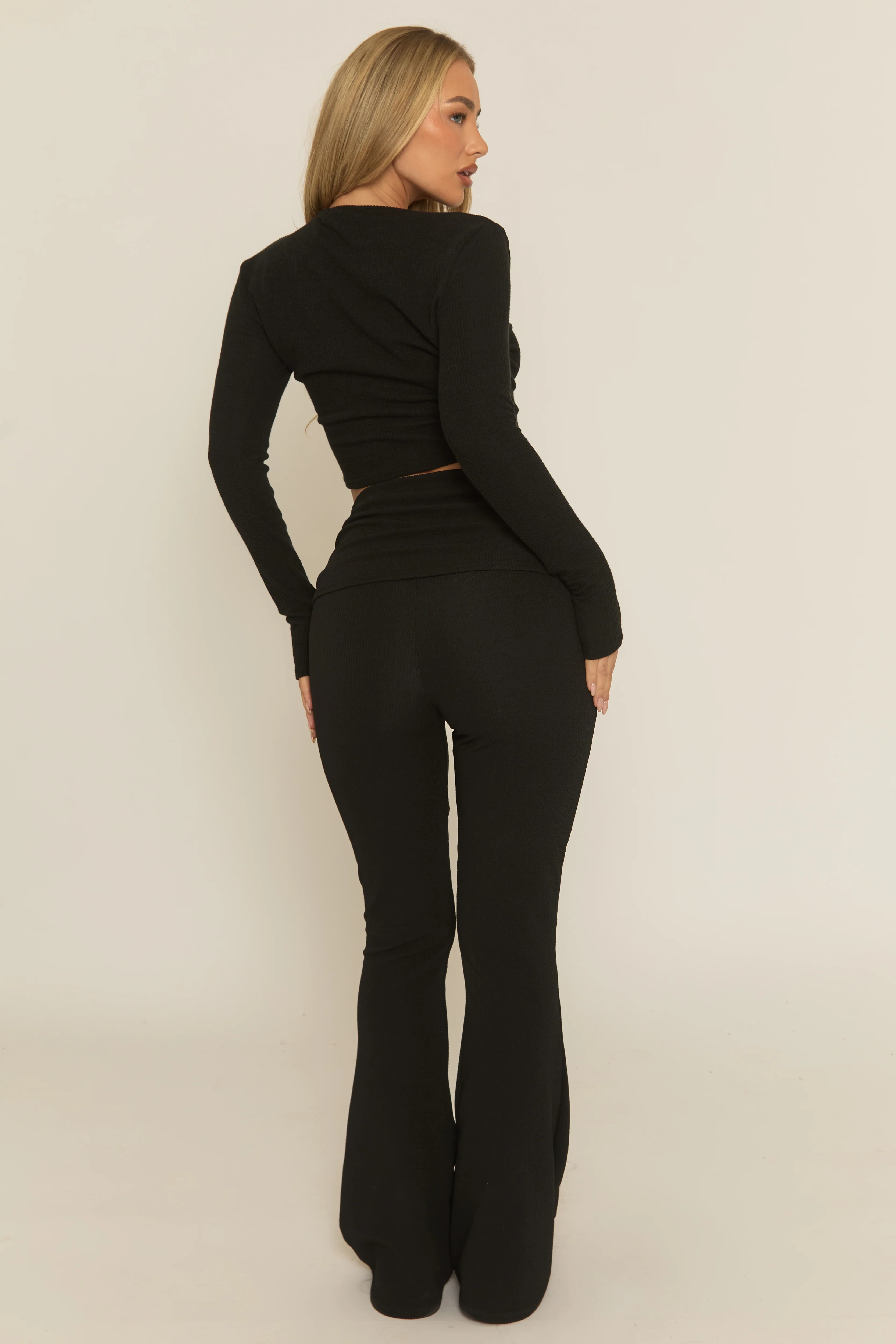 Black Rib Fold Down Waist Loungewear Co-ord Set - Charlene - Image 4