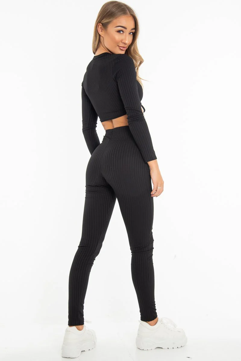 Black Rib Ruched Front Crop Top Legging Loungewear Co-Ord - Victoria - Image 3