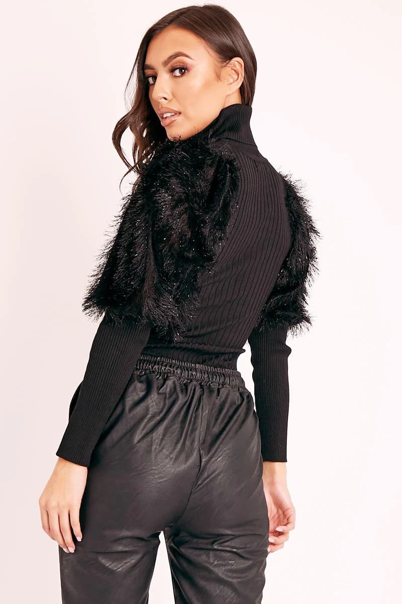 Black Roll Neck Fluffy Sleeve Ribbed Top - Kacey - Image 4