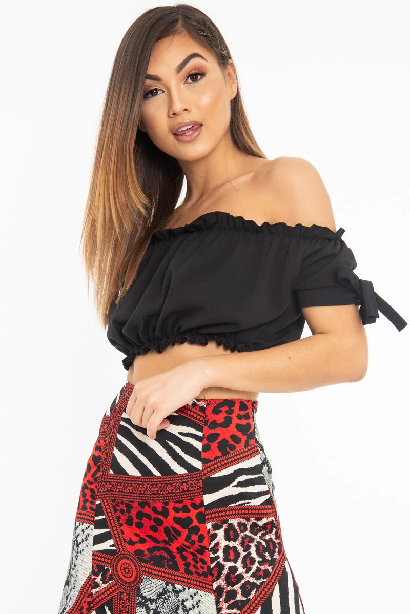 Black Ruched Bardot Gypsy Crop Top - Janette - Image 3
