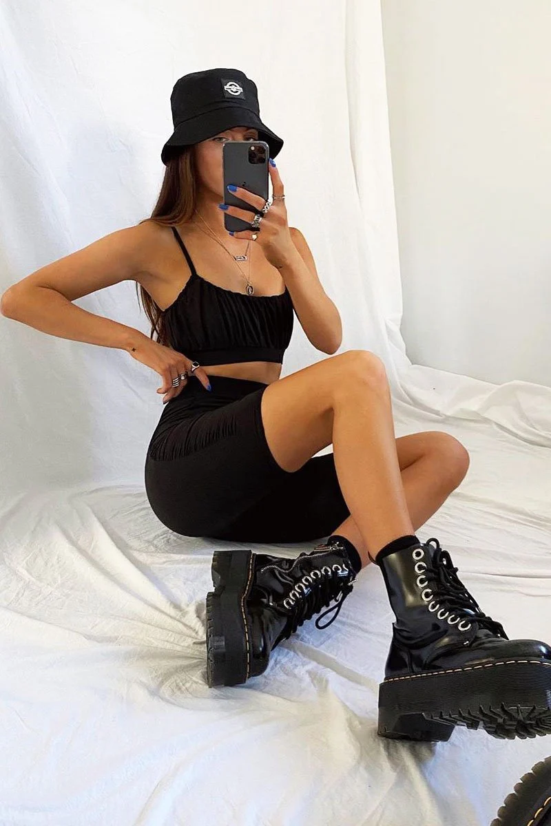 Black Ruched Panel Crop Top + Cycling Shorts Co-ord - Zariah - Image 10