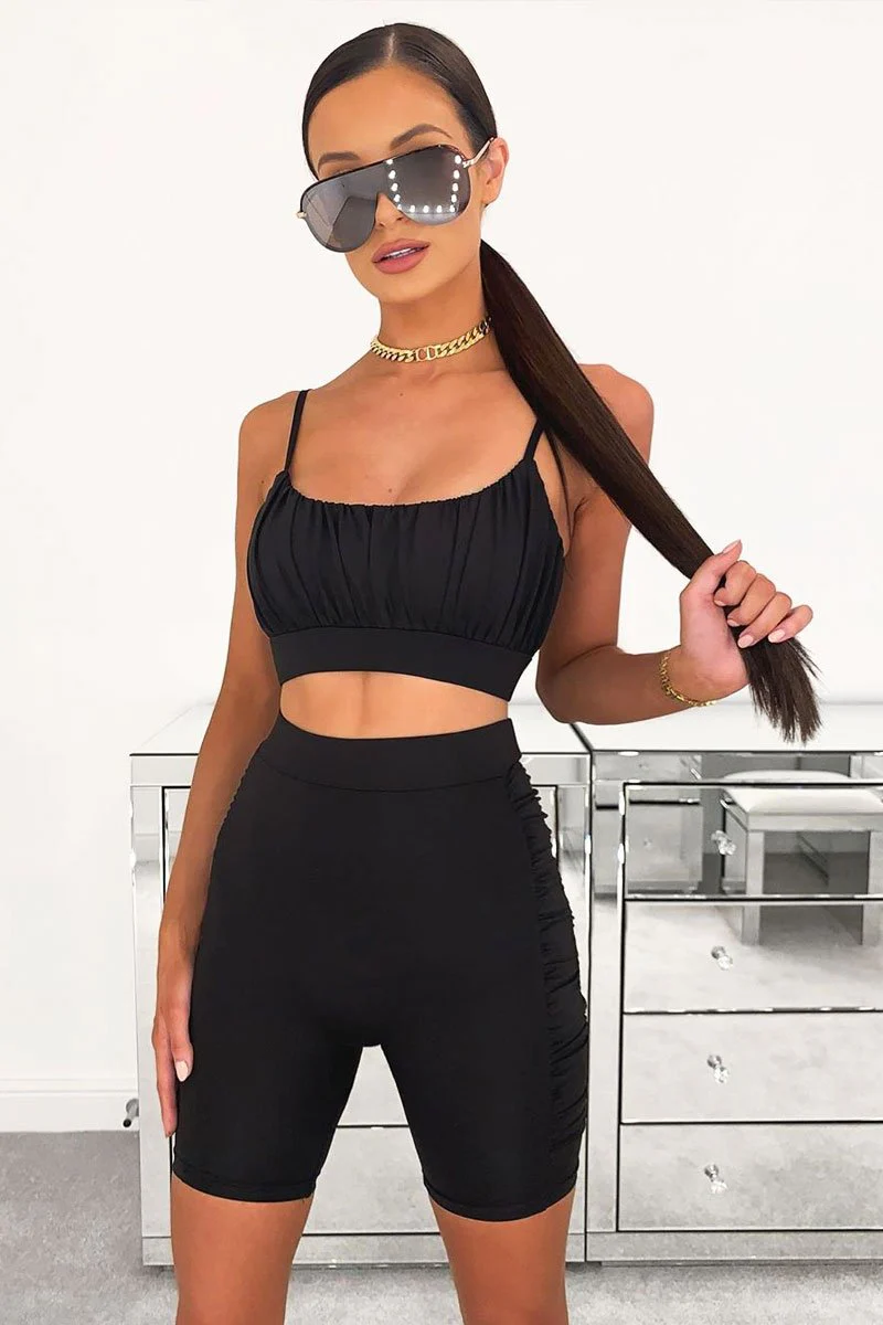 Black Ruched Panel Crop Top + Cycling Shorts Co-ord - Zariah - Image 6