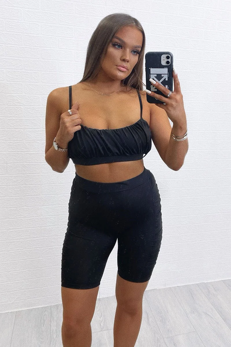 Black Ruched Panel Crop Top + Cycling Shorts Co-ord - Zariah - Image 7