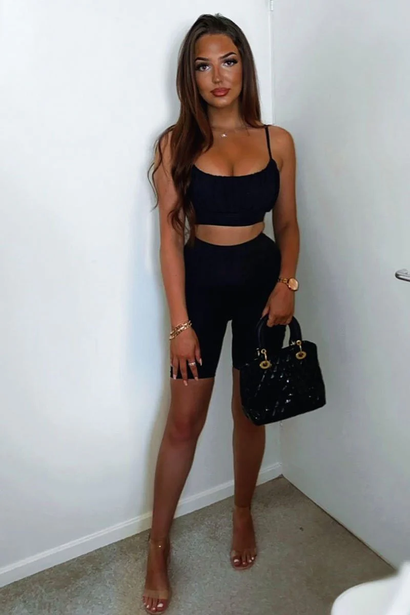 Black Ruched Panel Crop Top + Cycling Shorts Co-ord - Zariah - Image 8
