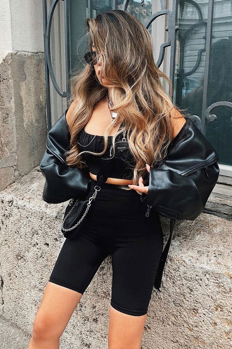 Black Ruched Panel Crop Top + Cycling Shorts Co-ord - Zariah - Image 9