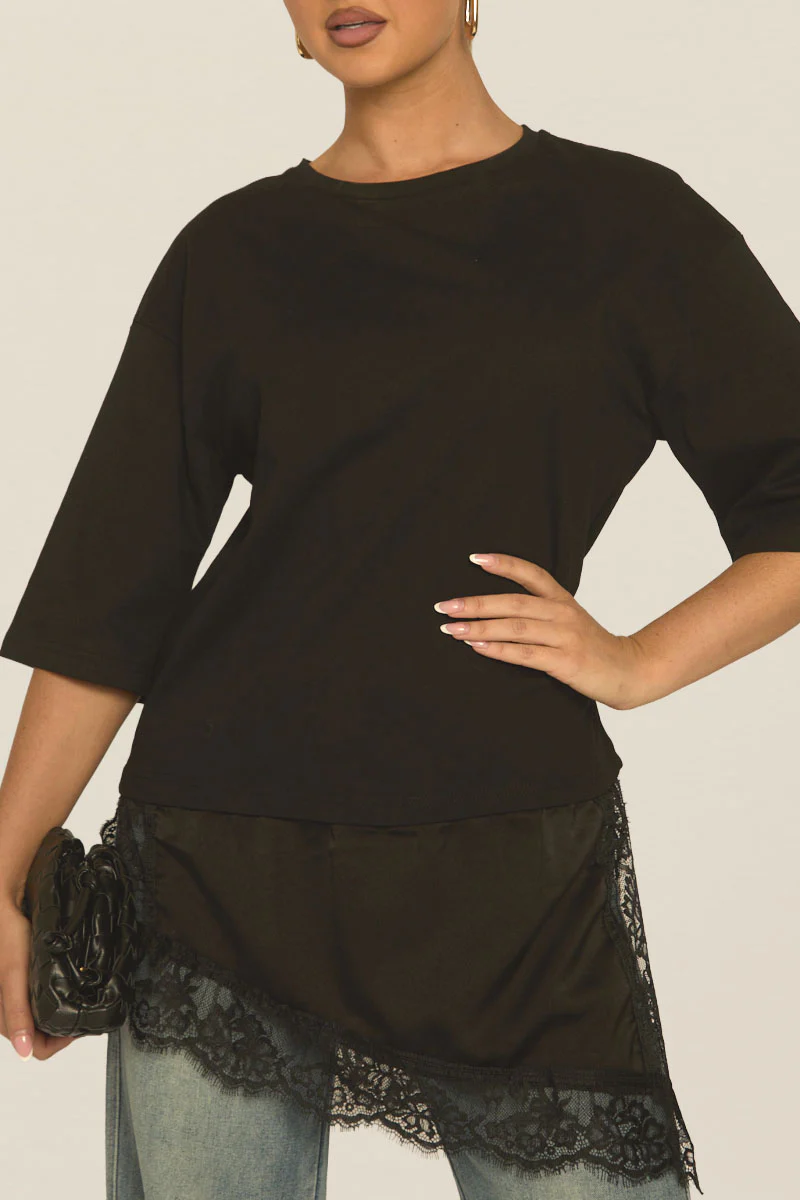 Black Satin Lace Hem Oversized T-shirt - Adara - Image 3