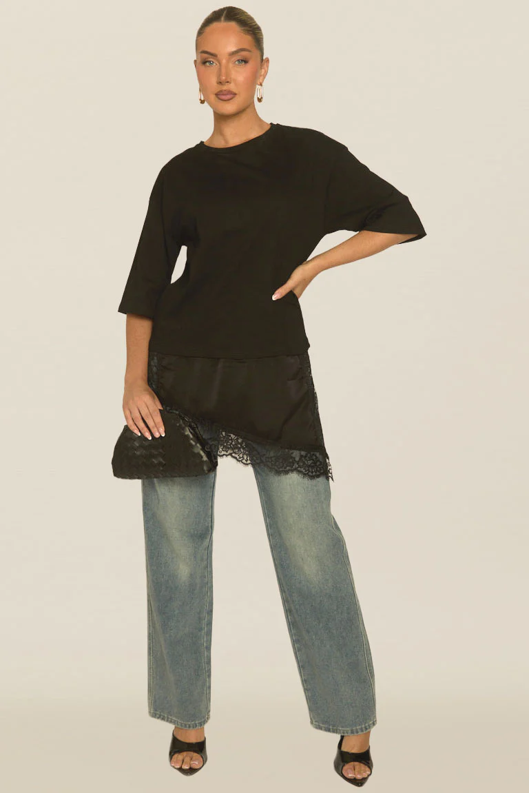 Black Satin Lace Hem Oversized T-shirt - Adara - Image 4