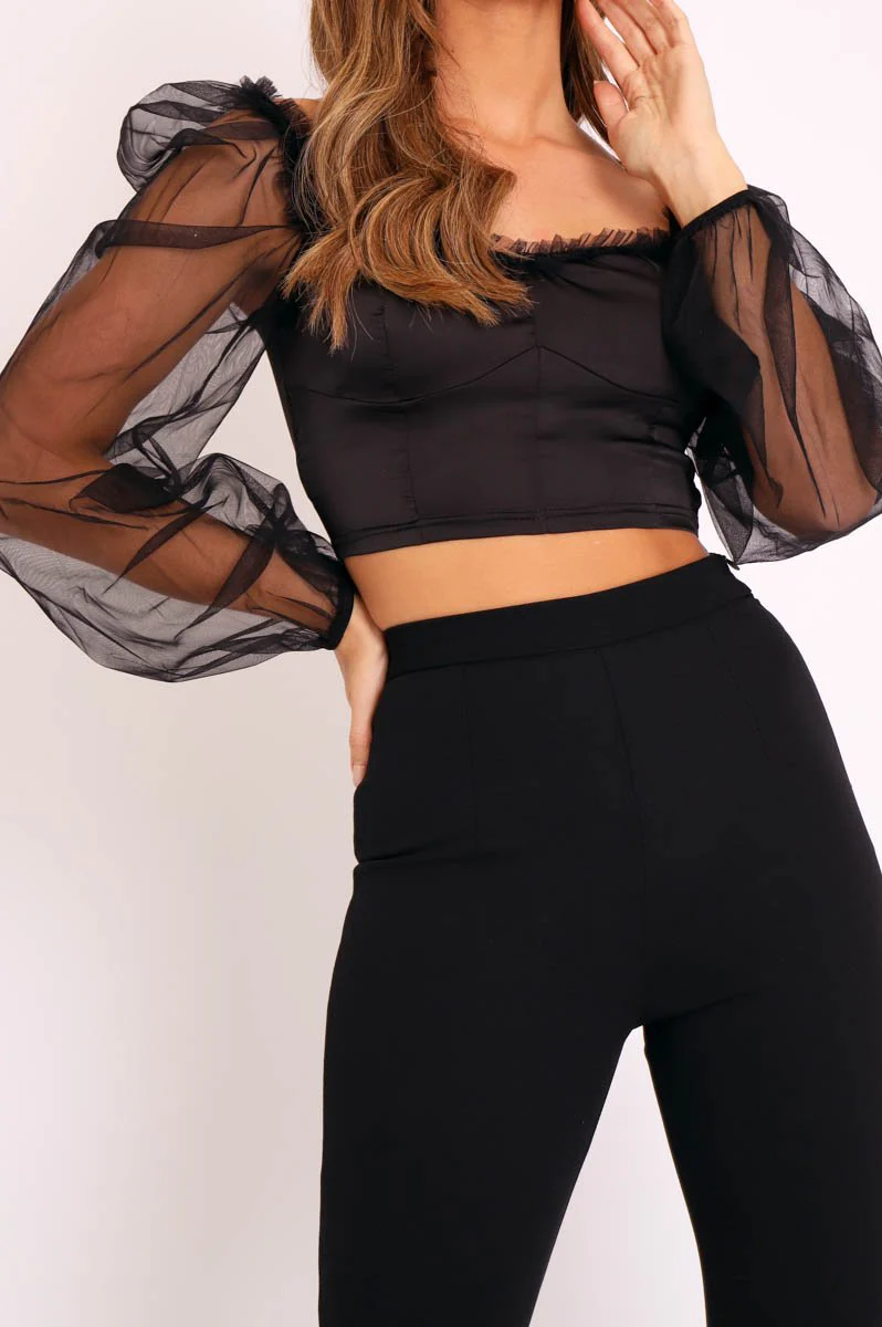 Black Satin Mesh Sleeve Ruched Detail Crop Top - Rya - Image 4