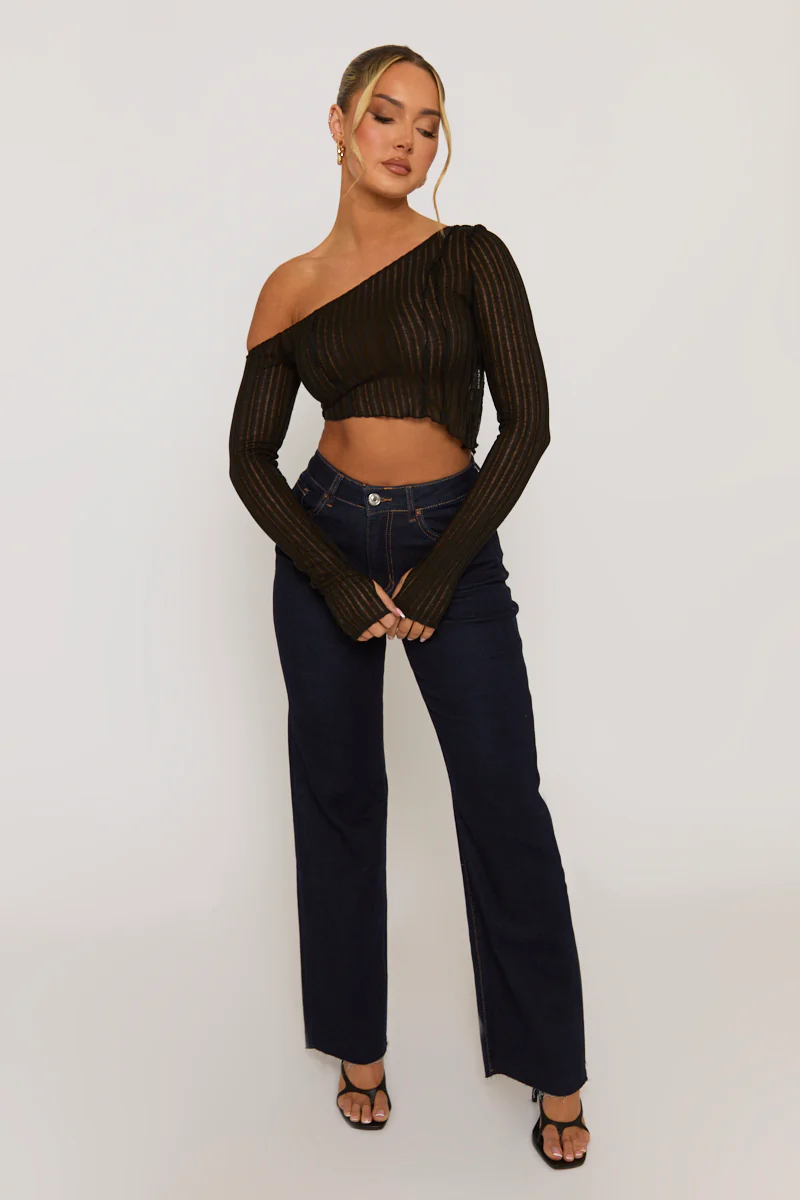 Black Semi Sheer Off Shoulder Top - Carolina - Image 3