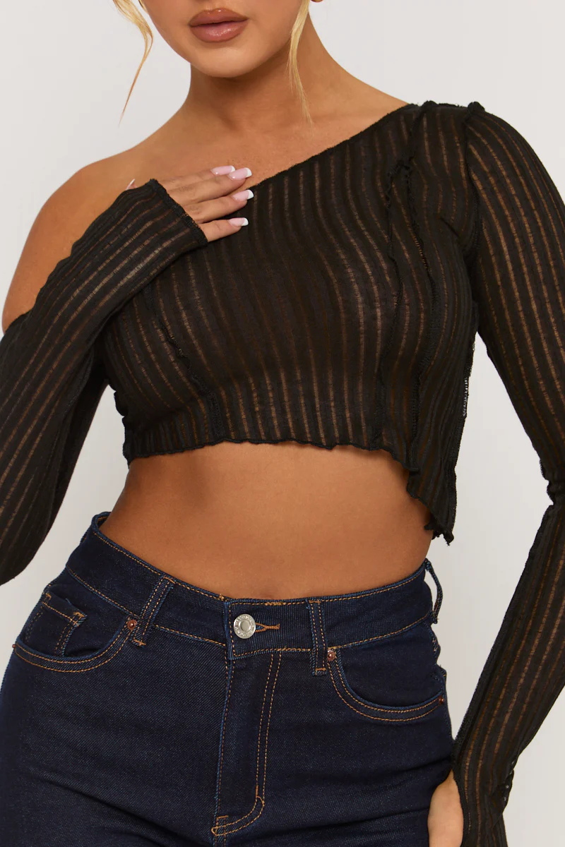 Black Semi Sheer Off Shoulder Top - Carolina - Image 4