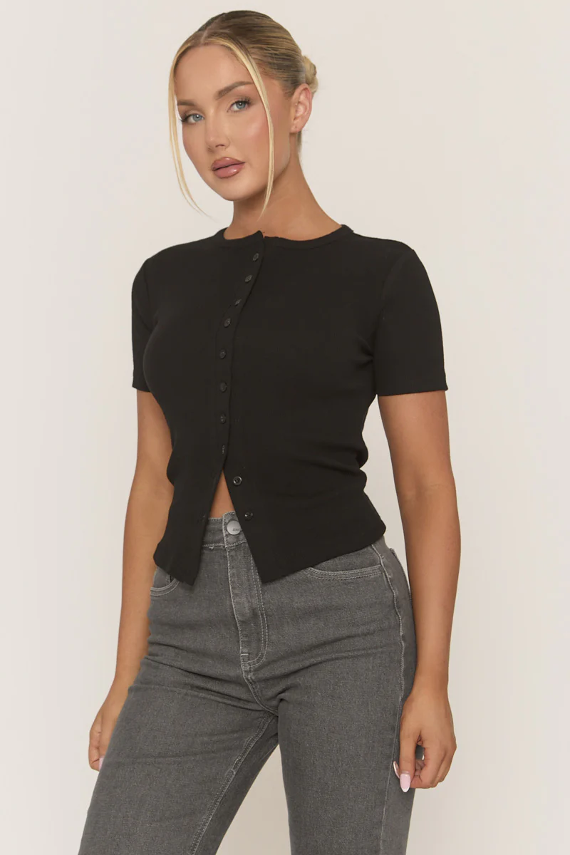 Black Short Sleeve Button Front Rib Top - Rosheen - Image 3