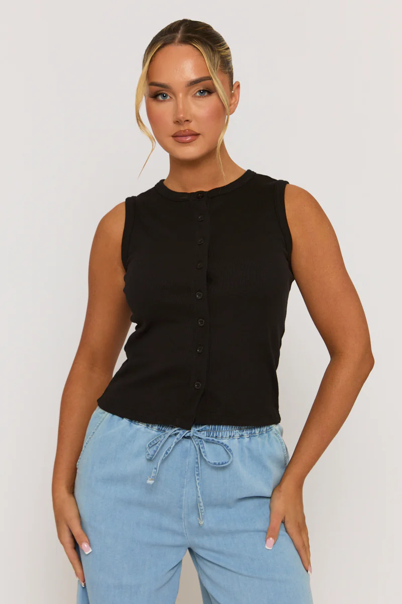 Black Sleeveless Button Up Rib Top - Nikolina - Image 3