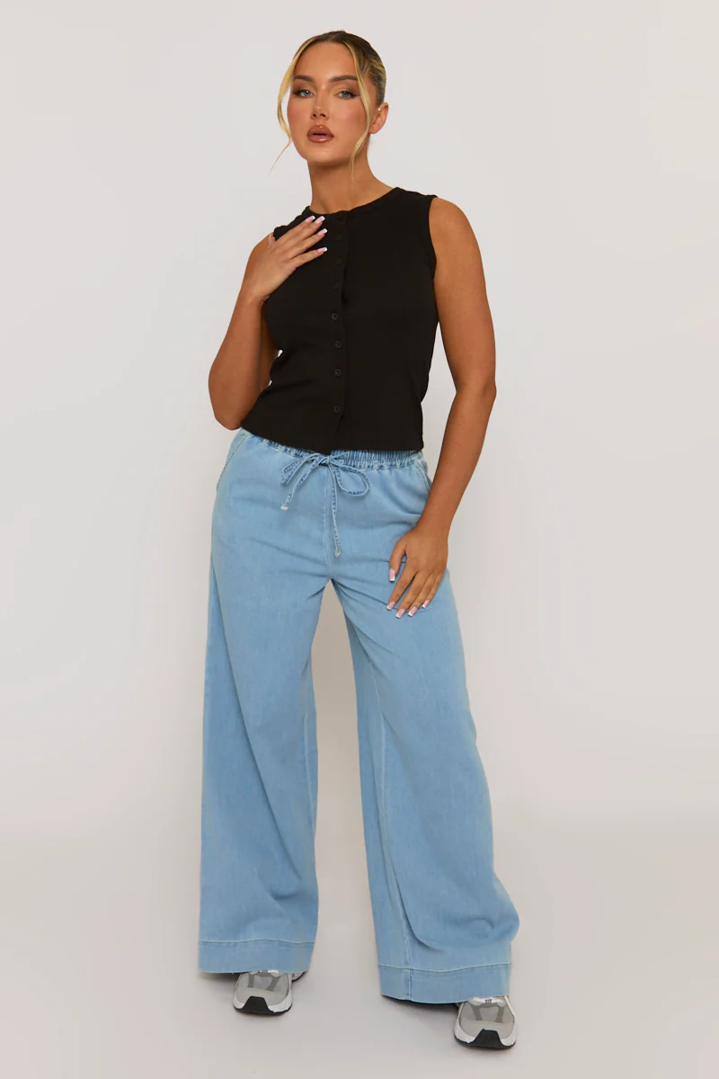 Black Sleeveless Button Up Rib Top - Nikolina - Image 4