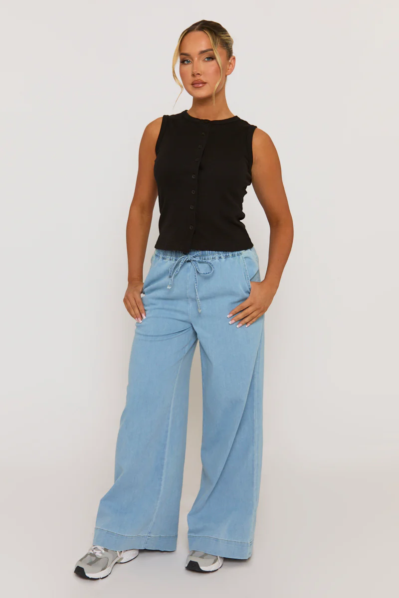 Black Sleeveless Button Up Rib Top - Nikolina - Image 5