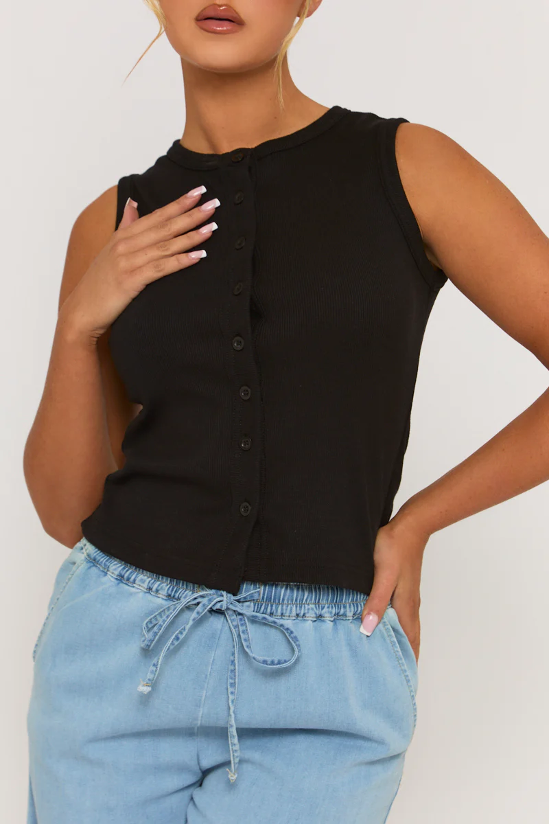 Black Sleeveless Button Up Rib Top - Nikolina - Image 6