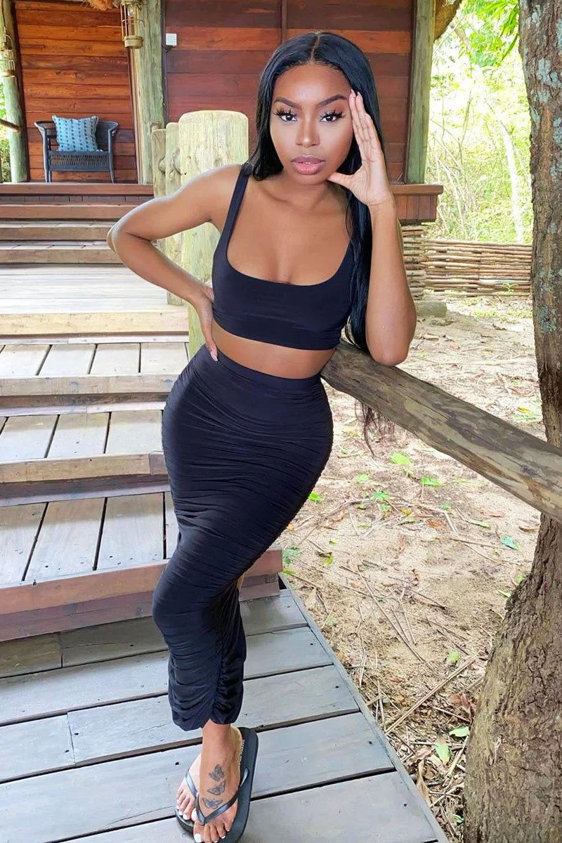 Black Slinky Bralet and Ruched Midi Skirt Co-ord - Valentia - Image 7