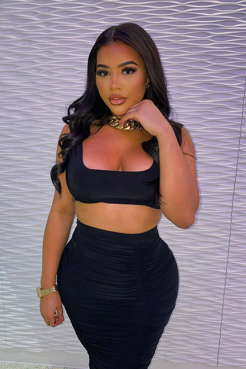 Black Slinky Bralet and Ruched Midi Skirt Co-ord - Valentia - Image 8