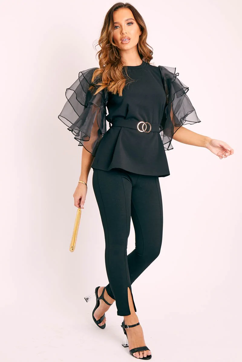 Black Tiered Sleeve Belted Waist Top - Ellise - Image 4