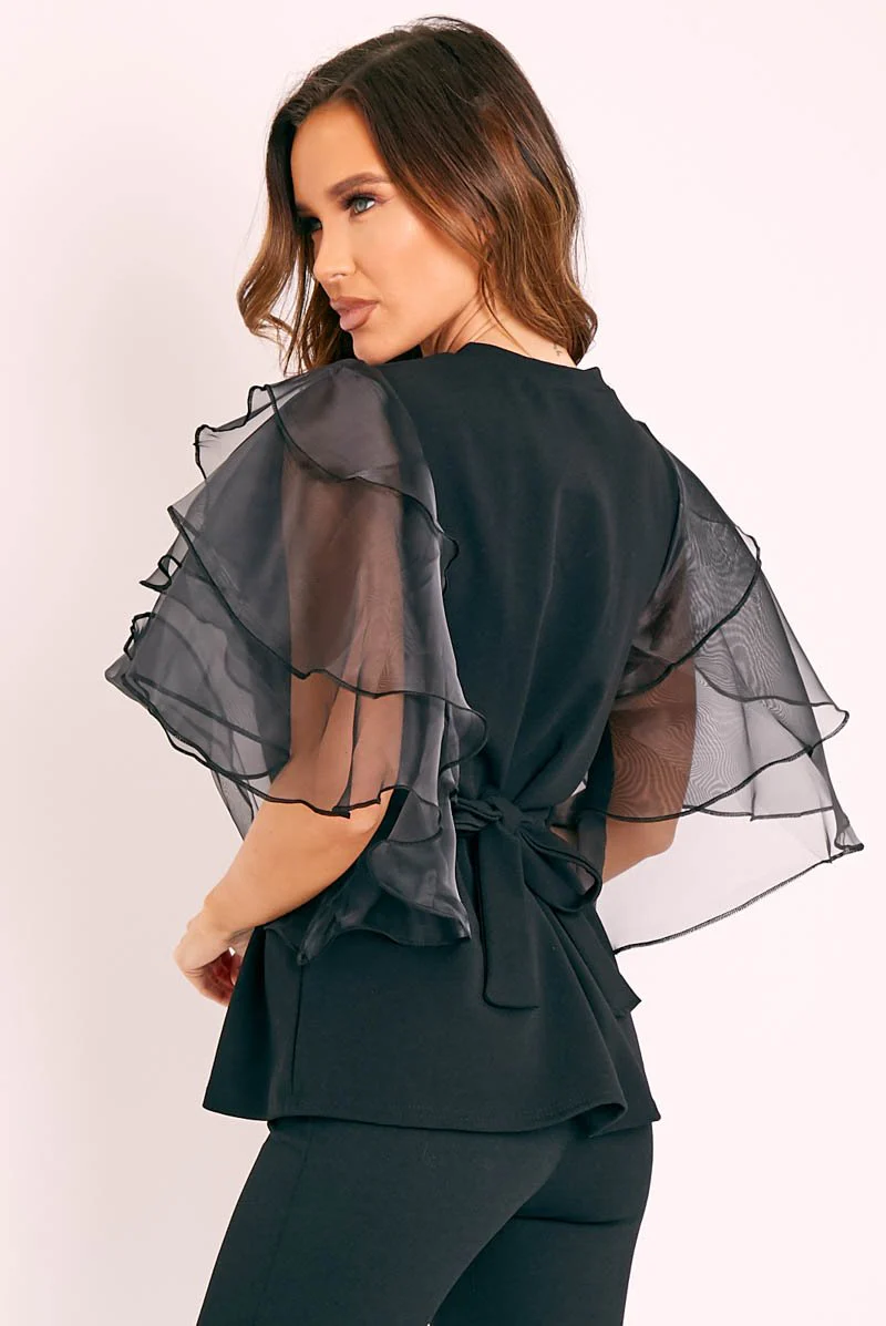 Black Tiered Sleeve Belted Waist Top - Ellise - Image 5