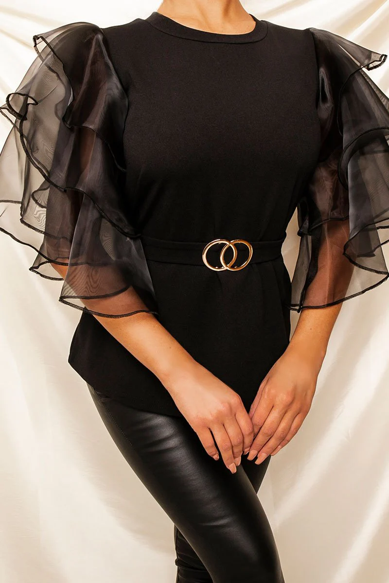 Black Tiered Sleeve Belted Waist Top - Ellise - Image 6