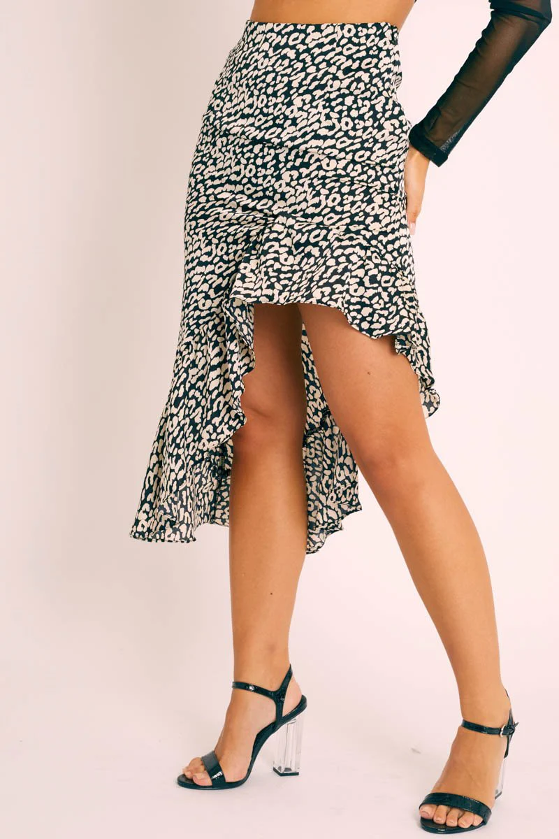 Black White Leopard Print Frilled Hem Midi Skirt - Julia - Image 11
