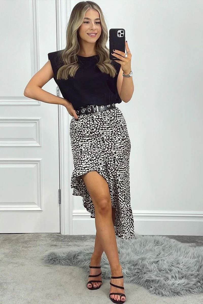 Black White Leopard Print Frilled Hem Midi Skirt - Julia - Image 3
