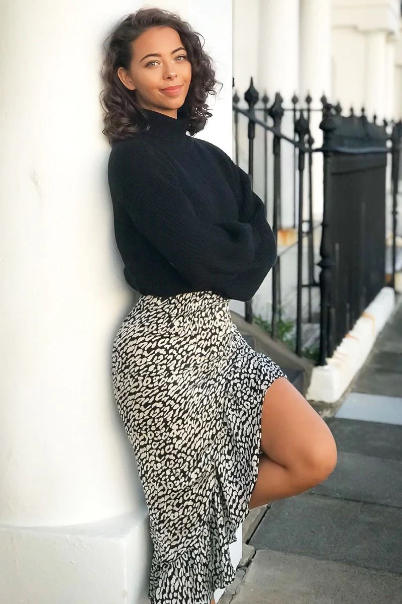 Black White Leopard Print Frilled Hem Midi Skirt - Julia - Image 7