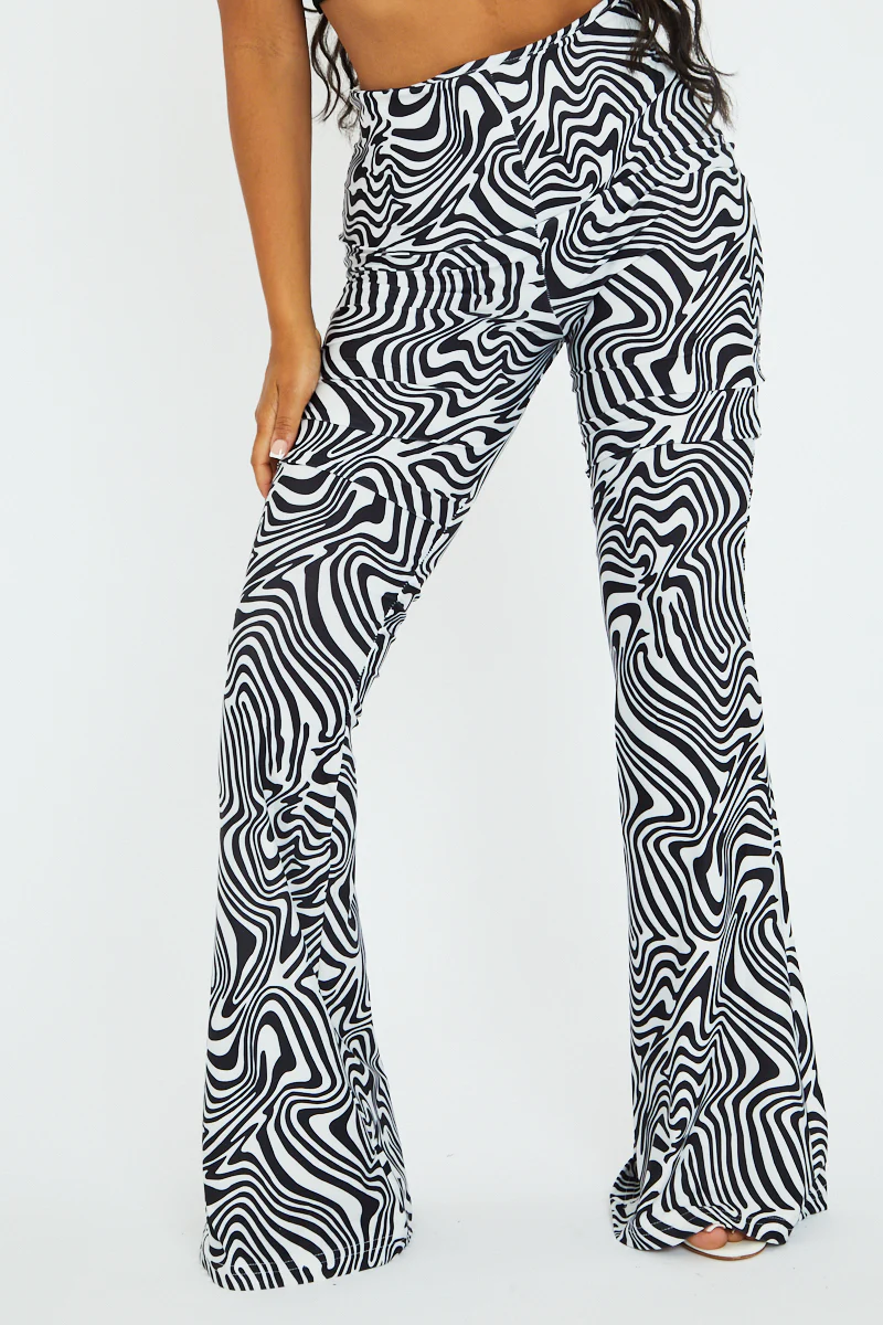Black White Wave Print Slinky Flare Trousers  - Ila - Image 4