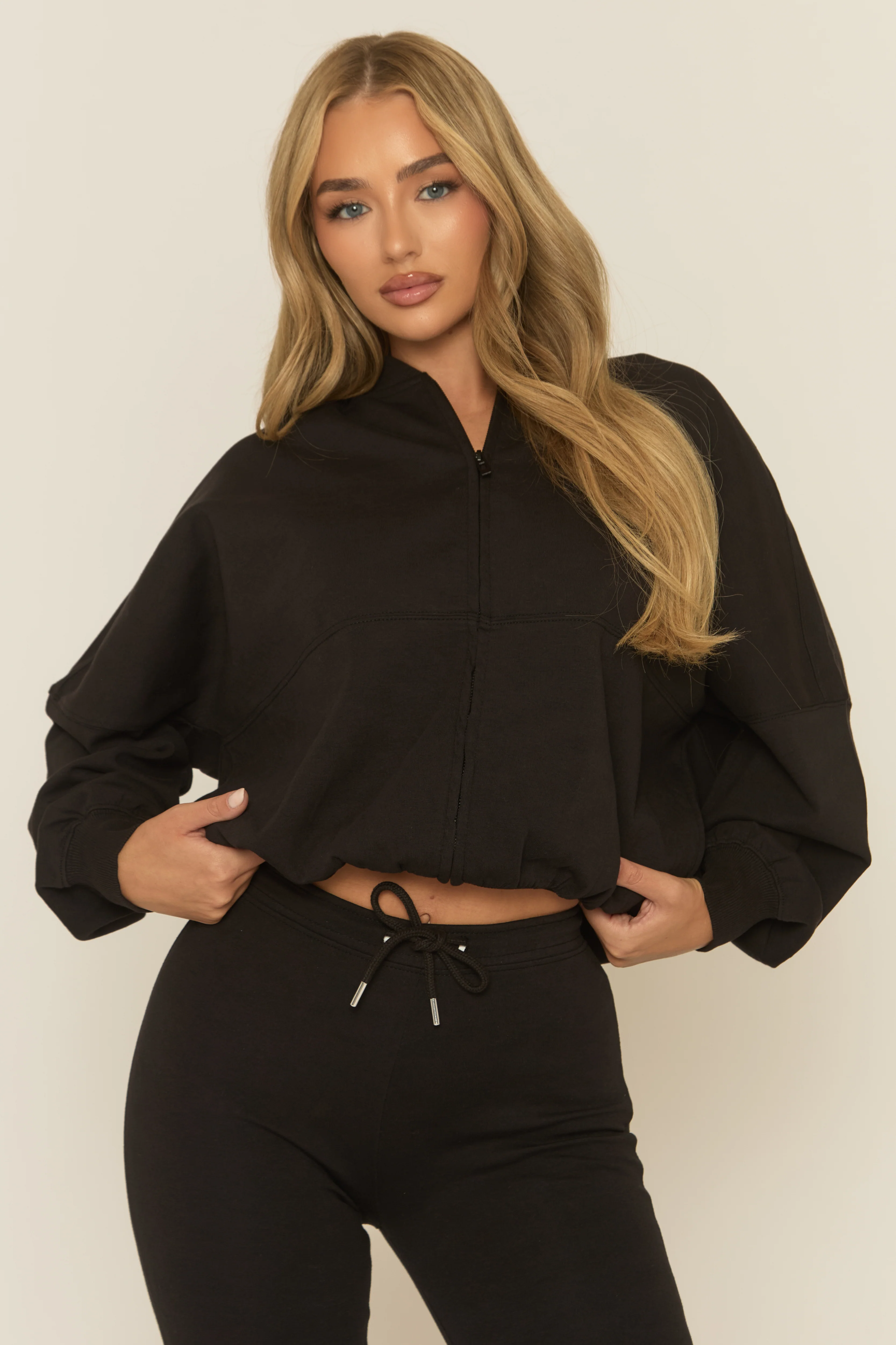 Black Zip Front Bomber And Flare Joggers Loungewear Co-ord Set - Lonie - Image 3