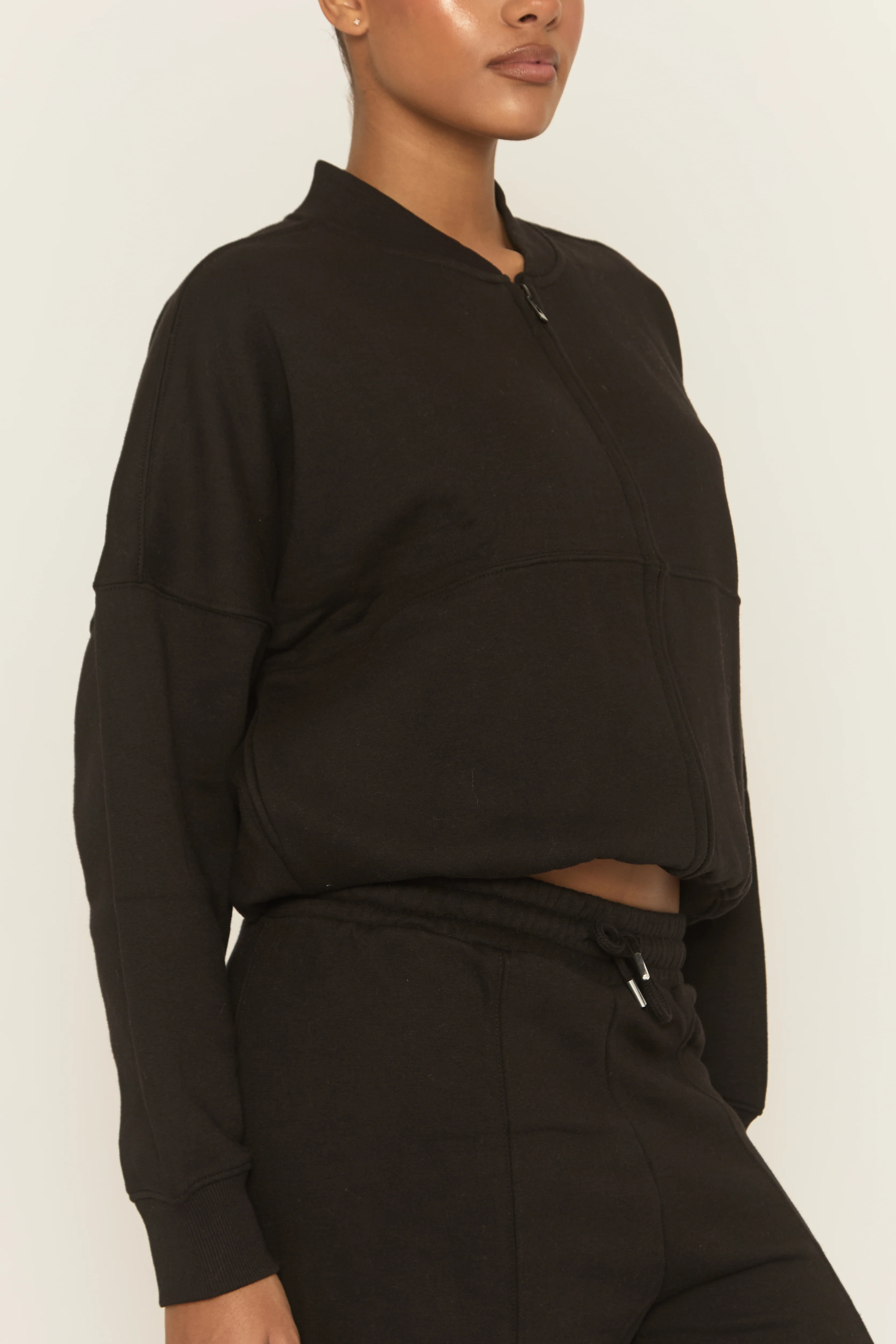 Black Zip Front Bomber And Joggers Loungewear Co-ord Set - Sasha - Image 3