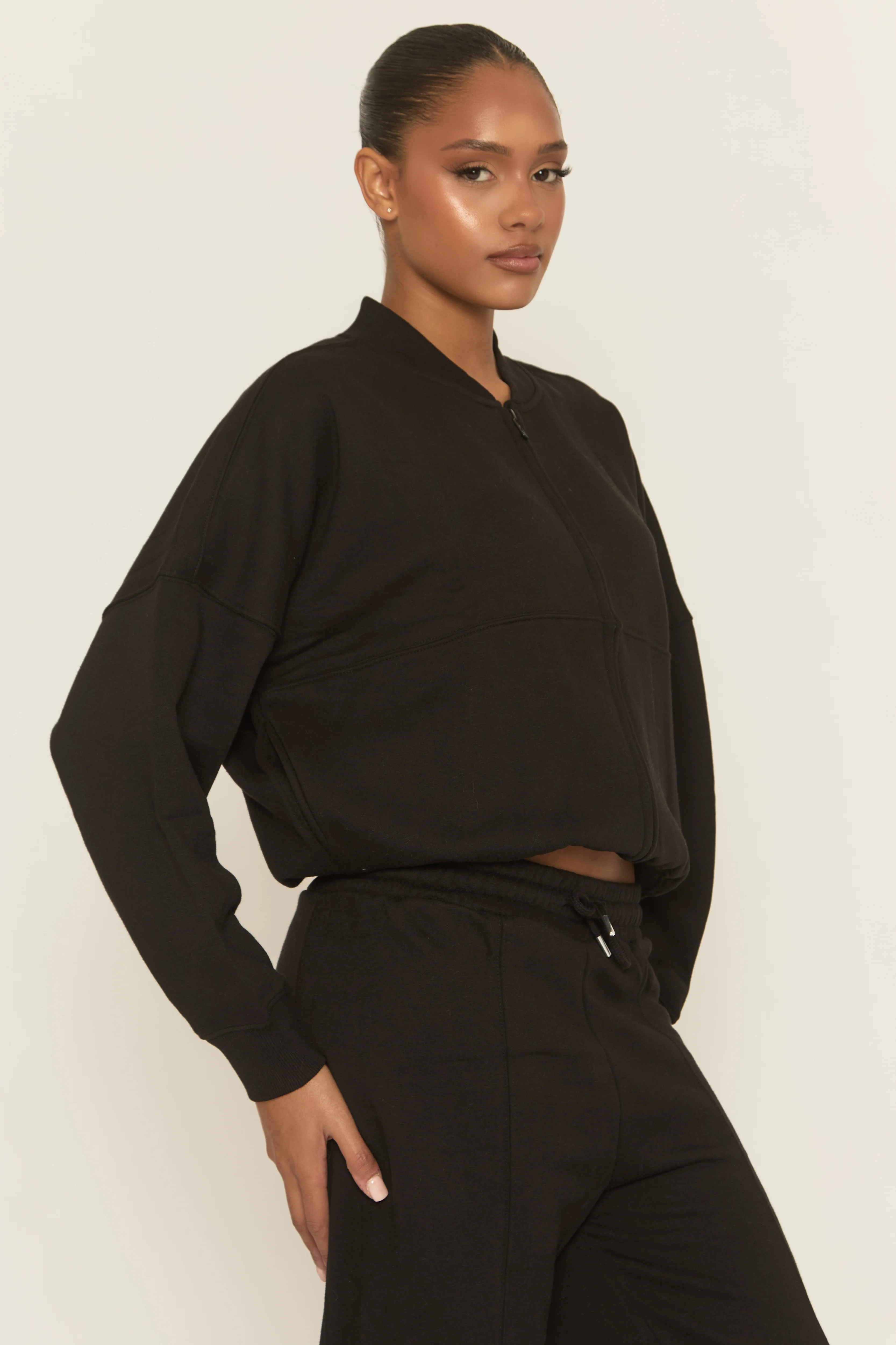 Black Zip Front Bomber And Joggers Loungewear Co-ord Set - Sasha - Image 4