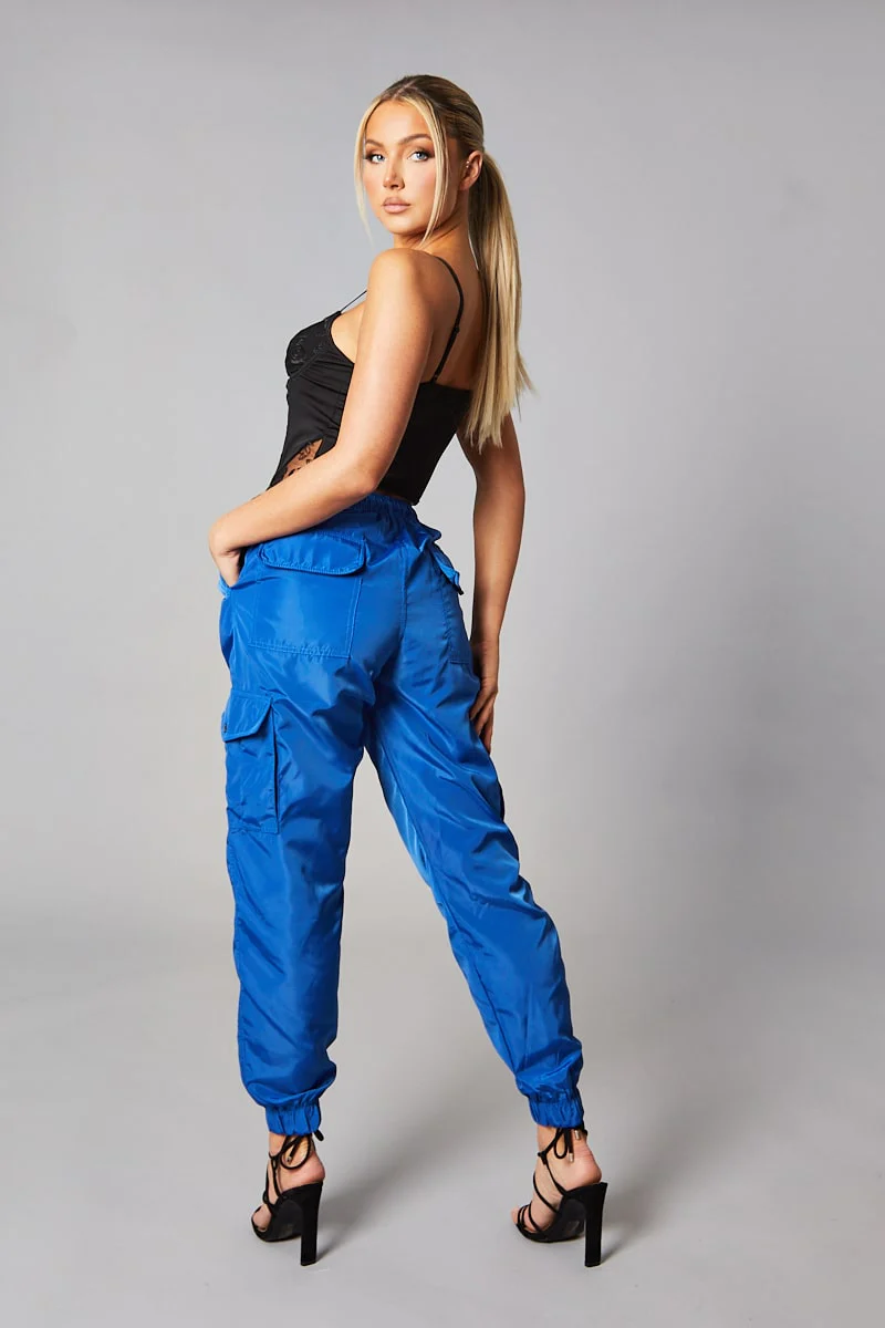 Blue Cuffed Hem Shell Cargo Joggers - Iris - Image 4