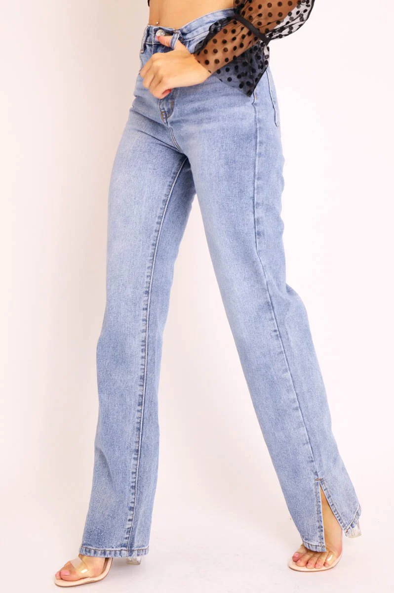Mid Wash Straight Leg Side Split Hem Jeans - Tashi - Image 12