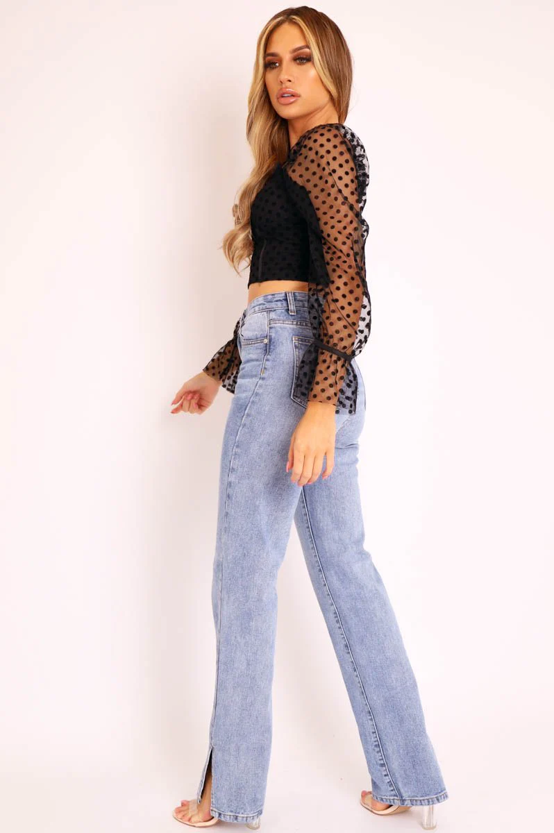 Mid Wash Straight Leg Side Split Hem Jeans - Tashi - Image 14