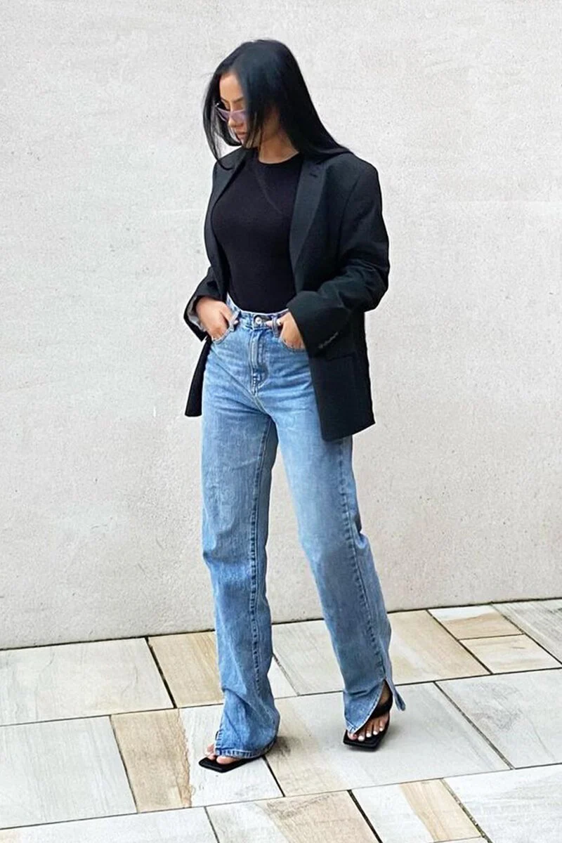 Mid Wash Straight Leg Side Split Hem Jeans - Tashi - Image 18