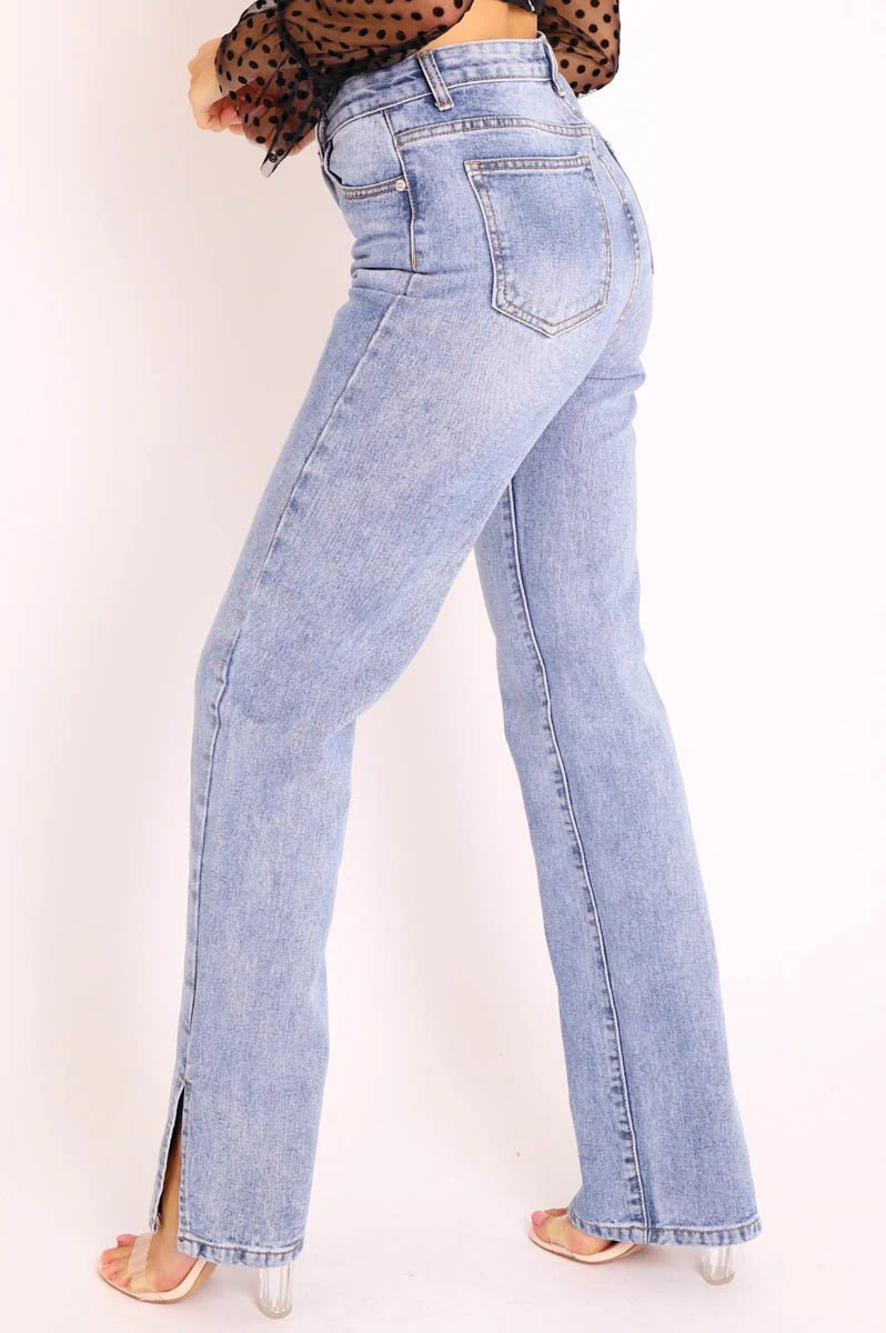 Mid Wash Straight Leg Side Split Hem Jeans - Tashi - Image 22