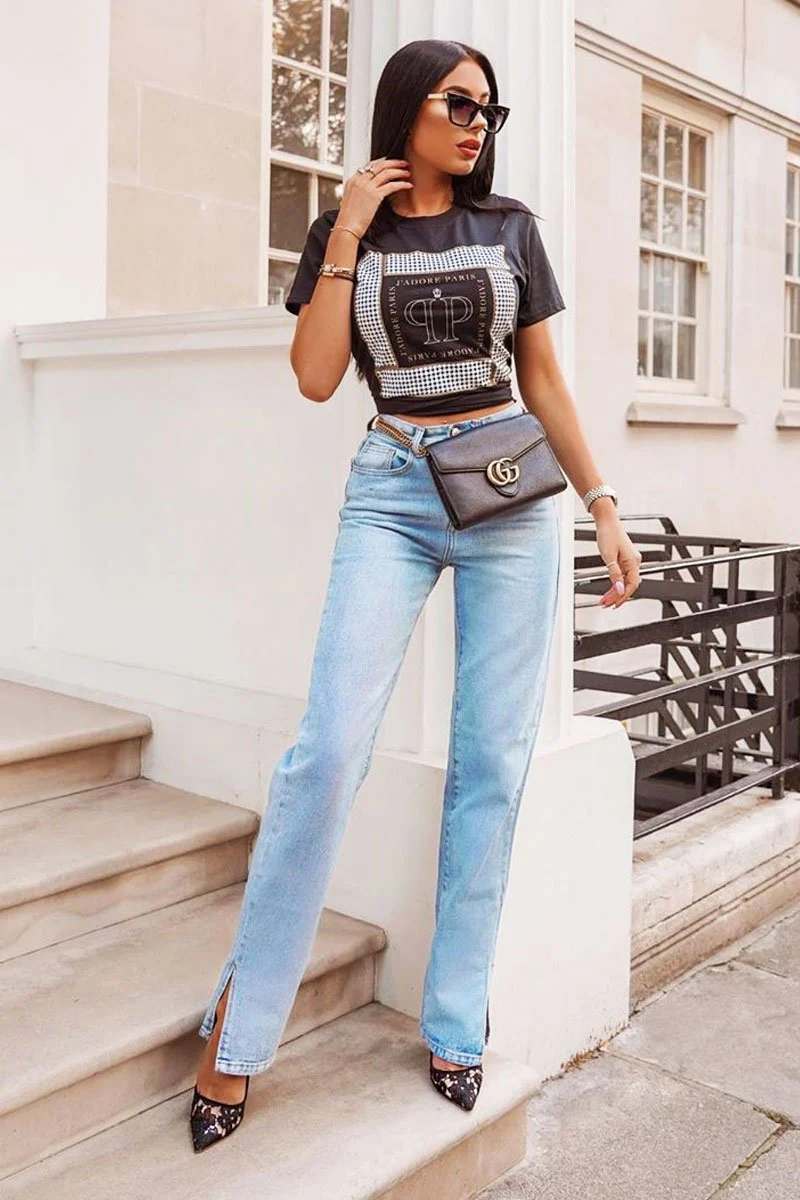 Mid Wash Straight Leg Side Split Hem Jeans - Tashi - Image 23