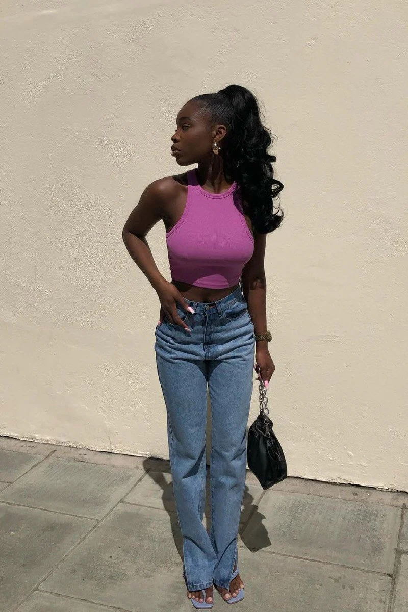 Mid Wash Straight Leg Side Split Hem Jeans - Tashi - Image 26