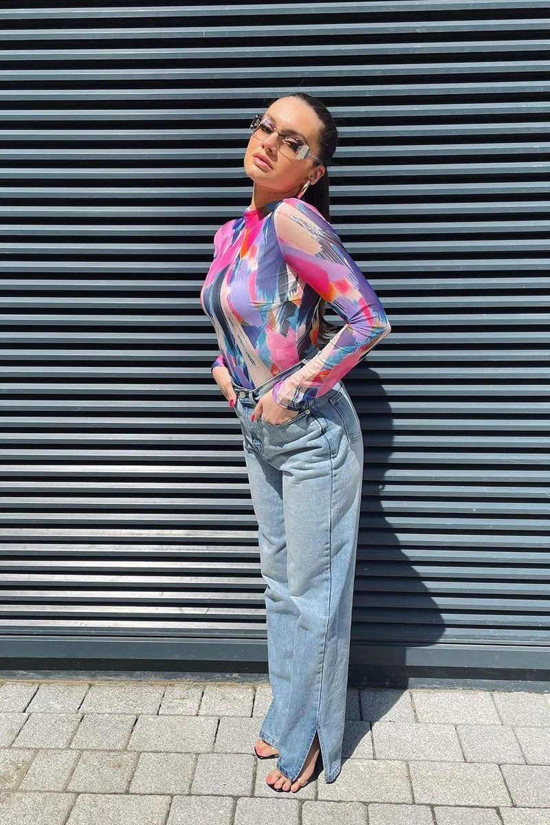 Mid Wash Straight Leg Side Split Hem Jeans - Tashi - Image 27