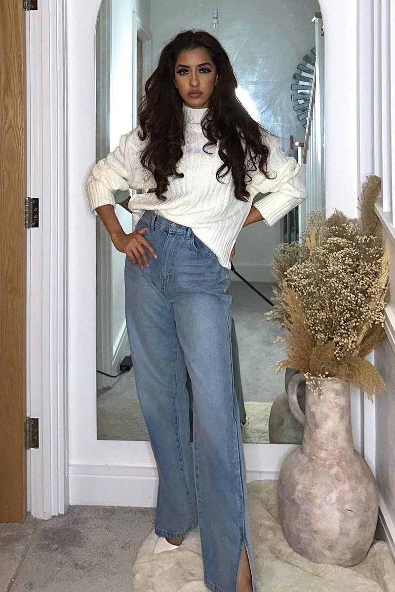 Mid Wash Straight Leg Side Split Hem Jeans - Tashi - Image 30