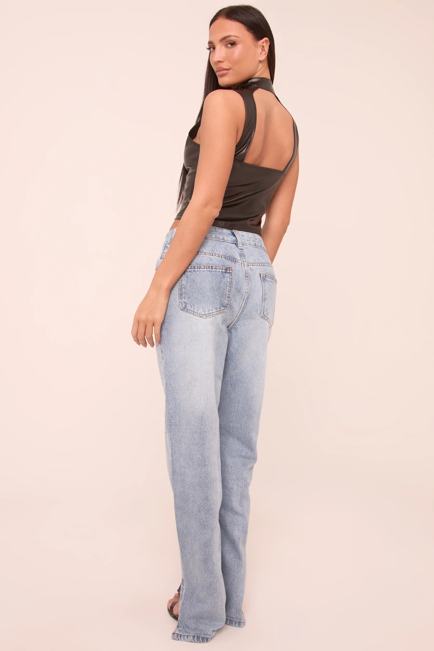 Mid Wash Straight Leg Side Split Hem Jeans - Tashi - Image 5