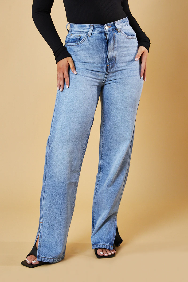 Mid Wash Straight Leg Side Split Hem Jeans - Tashi - Image 9
