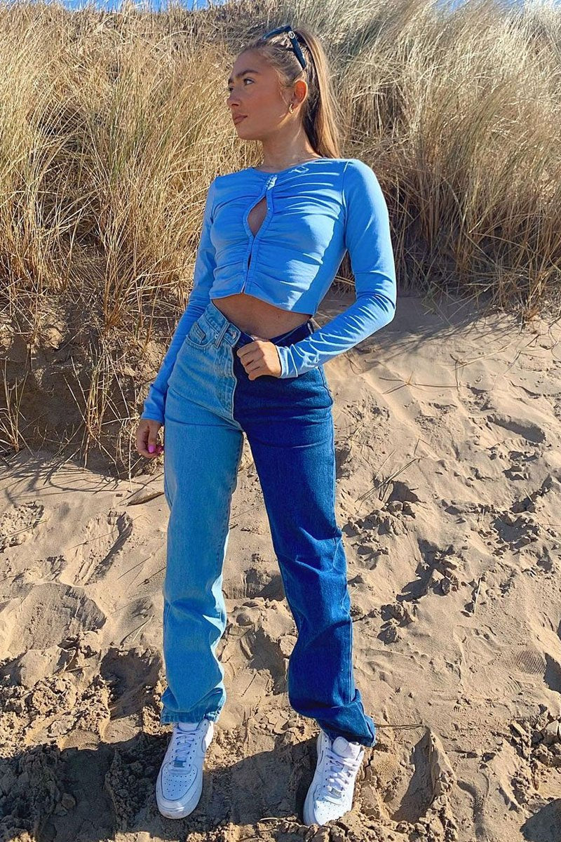 Blue Ruched Centre Front Fastening Crop Top - Cambrea - Image 9