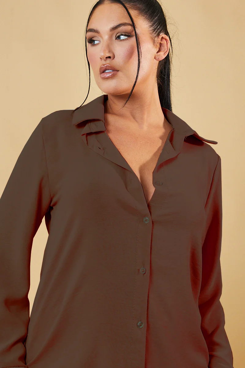 Brown Button Up Front Shirt & Wide Leg Trouser Co-ord - Alicia - Image 3