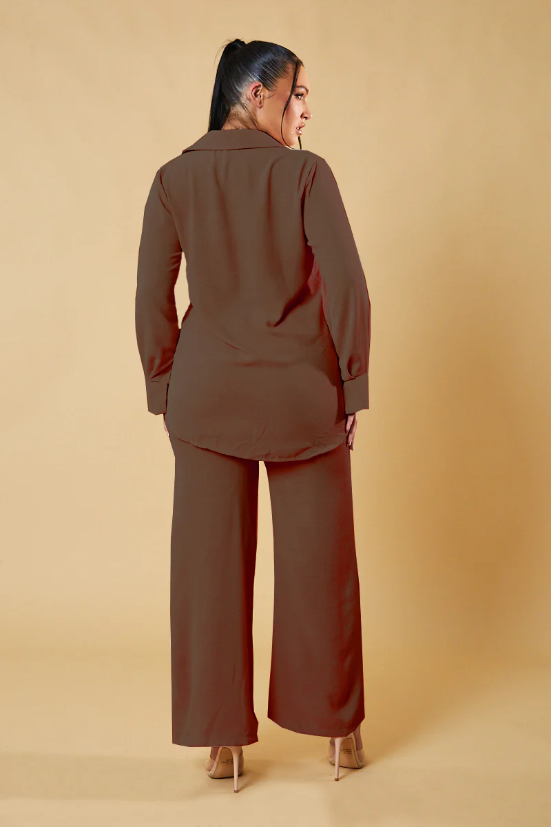 Brown Button Up Front Shirt & Wide Leg Trouser Co-ord - Alicia - Image 4