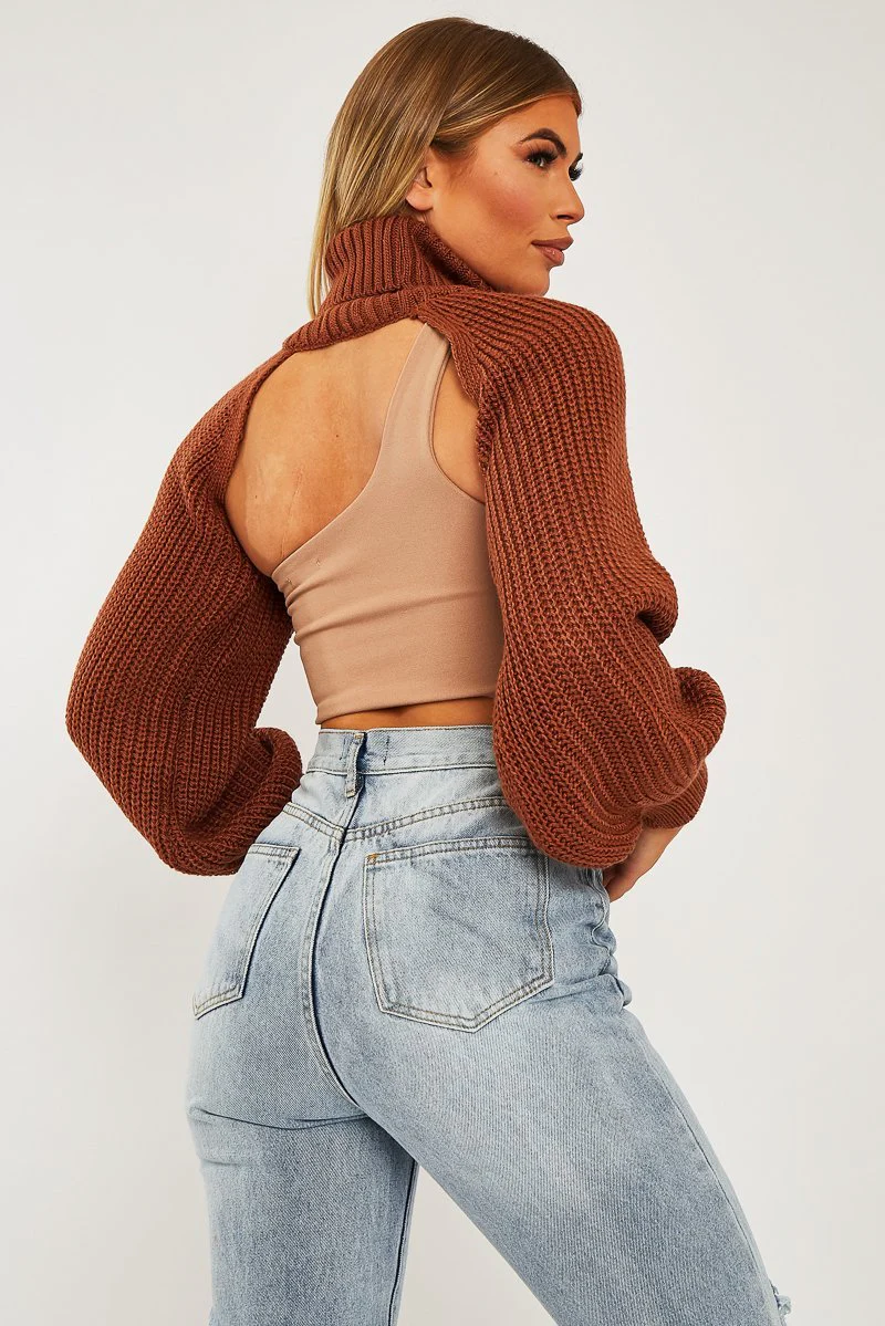Brown Extreme Cut Out High Neck Jumper - Nihara - Image 3