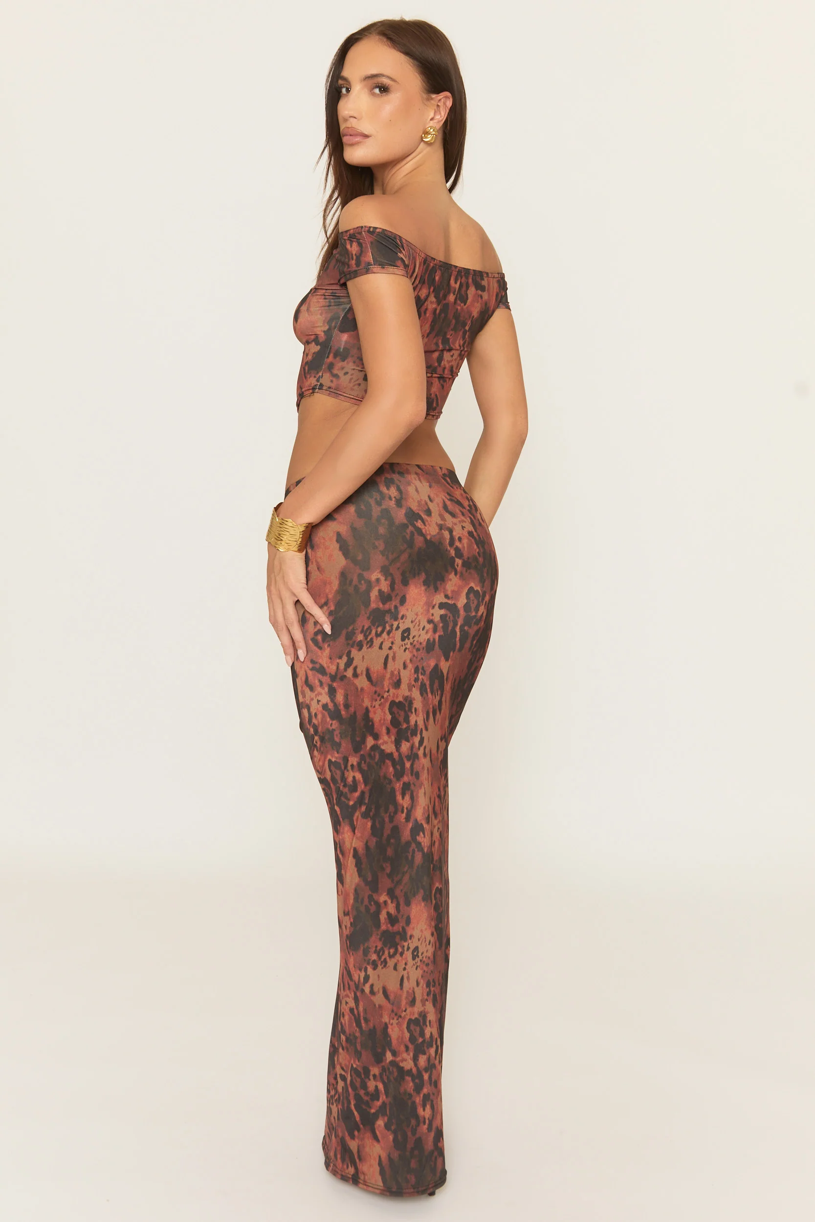 Brown Leopard Print Bardot Top and Maxi Skirt Co-Ord Set - Mhaira - Image 4
