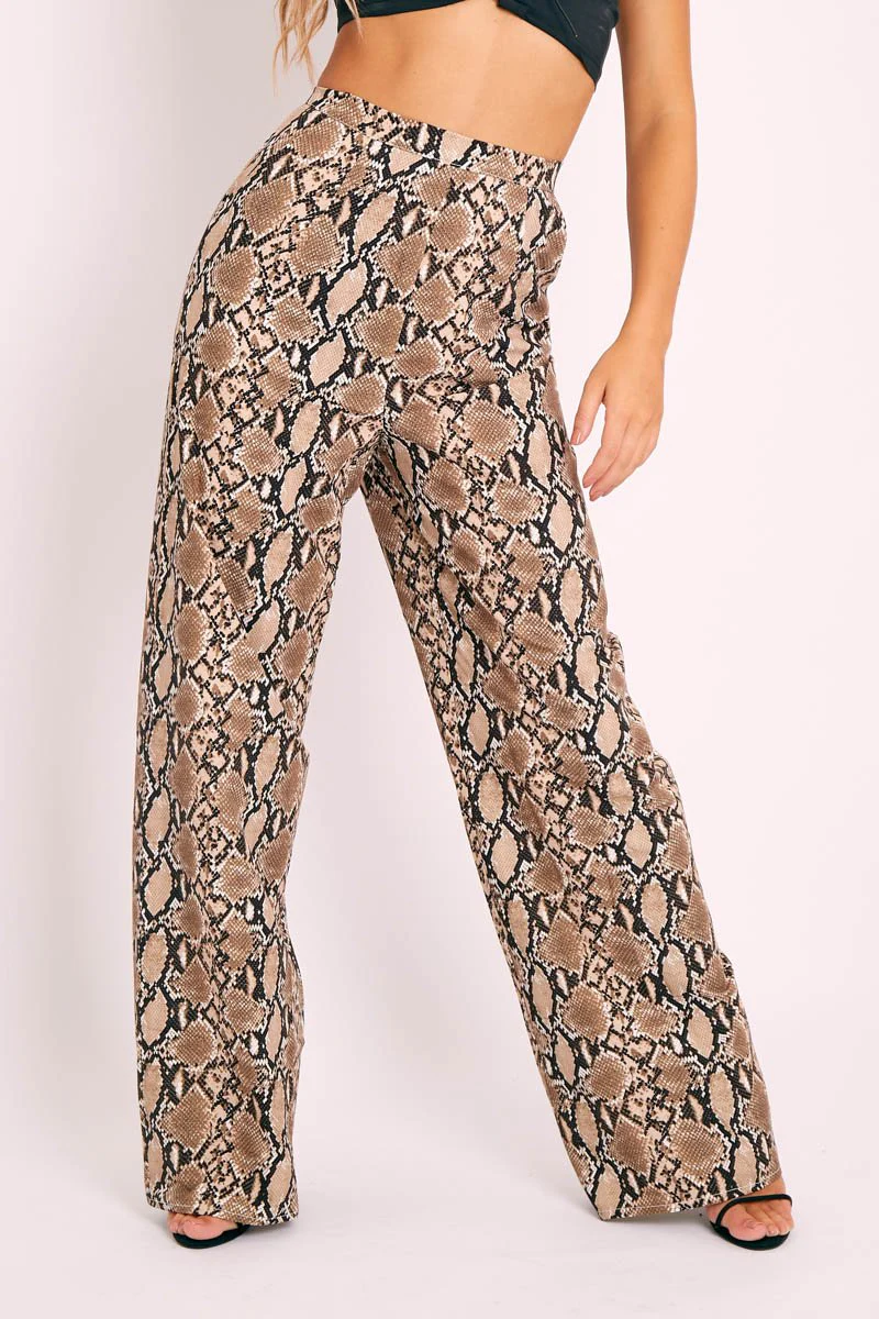 Brown Snake Crepe Wide Leg Trousers - Afifa - Image 3